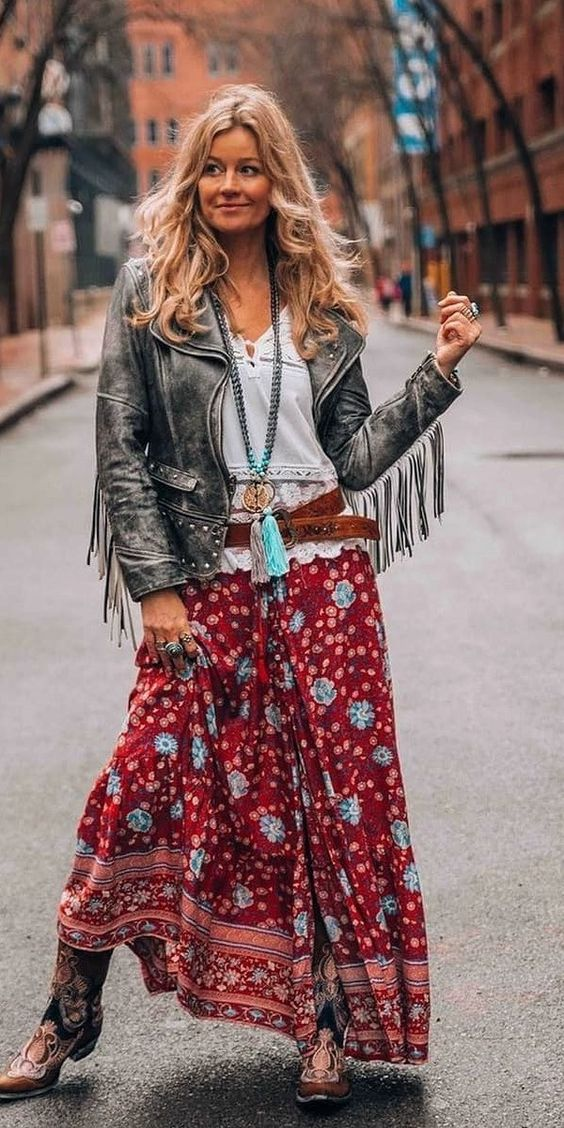 A woman rocking a bohemian outfit on the street