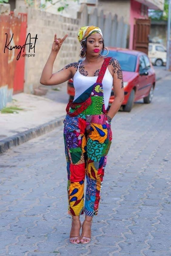 Woman wearing ankara dungarees with one strap