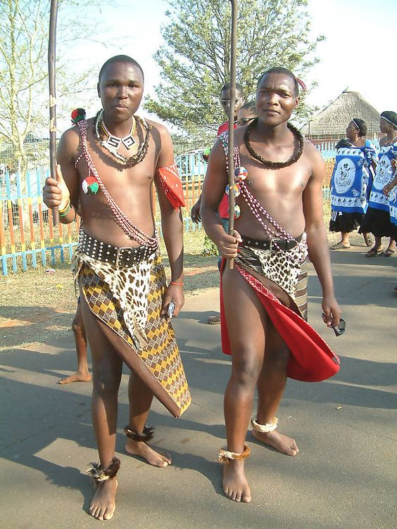 Two men in traditional Swazi costume