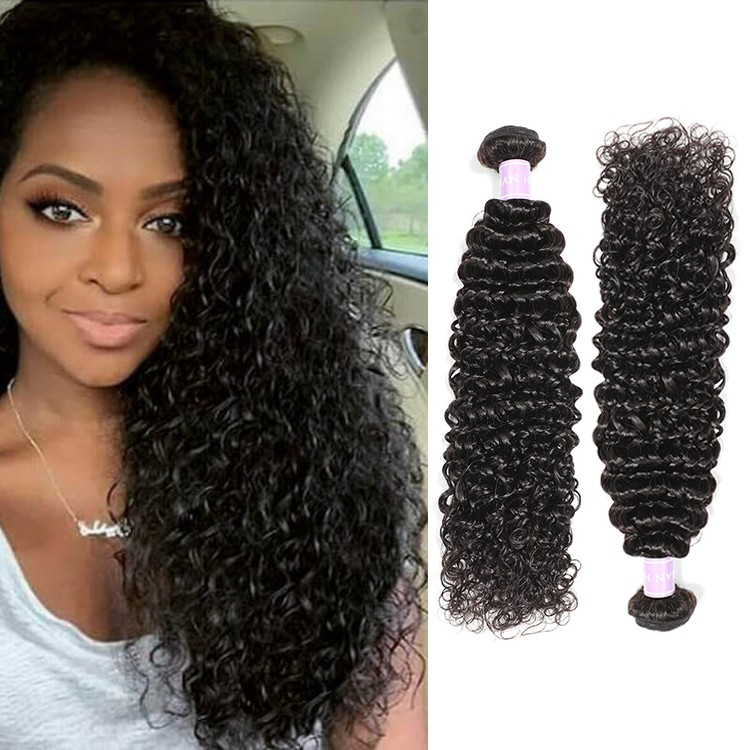 Woman wearing long curly Brazilian hair
