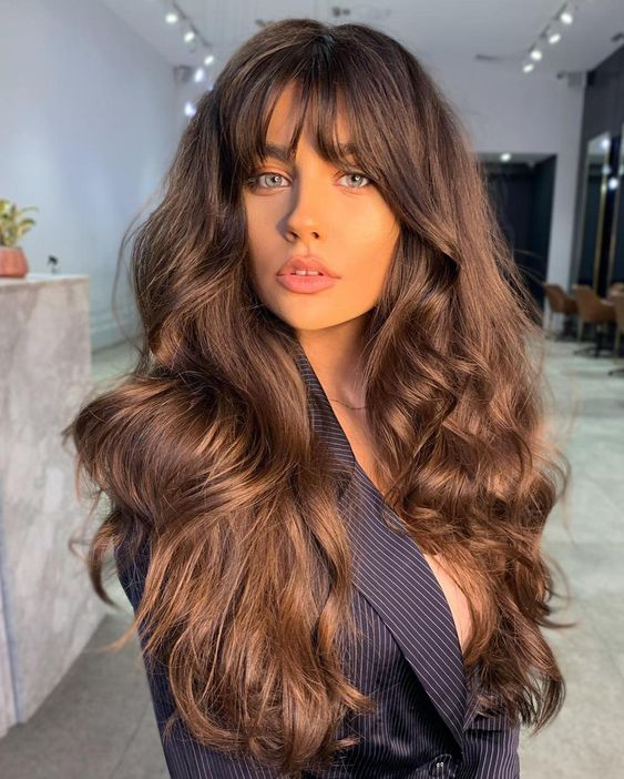 beautiful woman wearing long brown hair with bangs