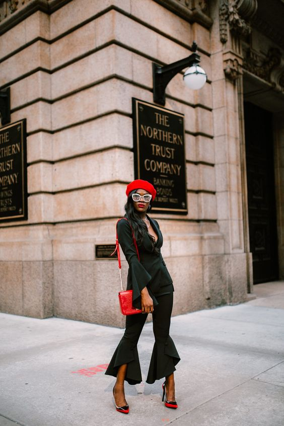 Woman wearing red and black chic fashion style