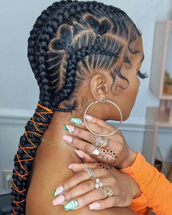 Woman wearing love design feed-in braid
