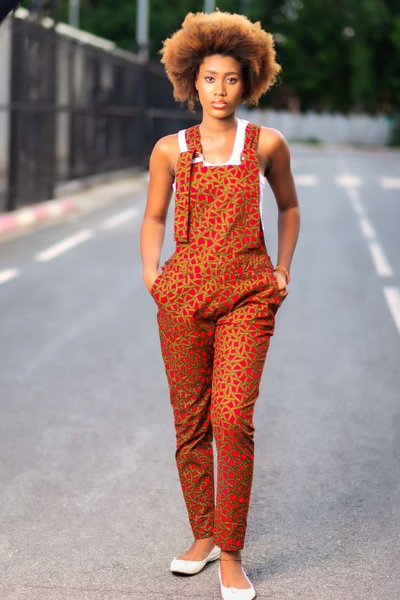 Woman wearing ankara dungarees on the street