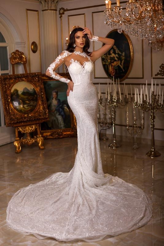 Woman in corset wedding dress with mesh detail