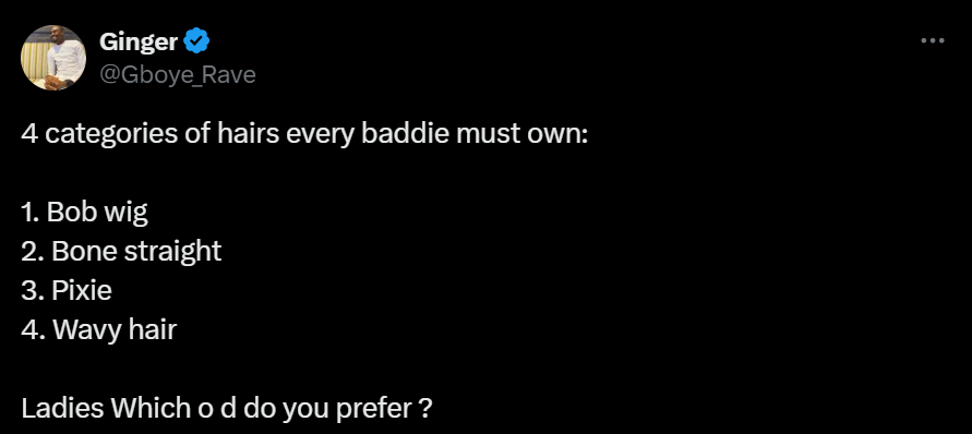 Captura de tela de um tweet de Gboye Rave mencionando uma peruca bob entre os tipos de cabelo dos vilões